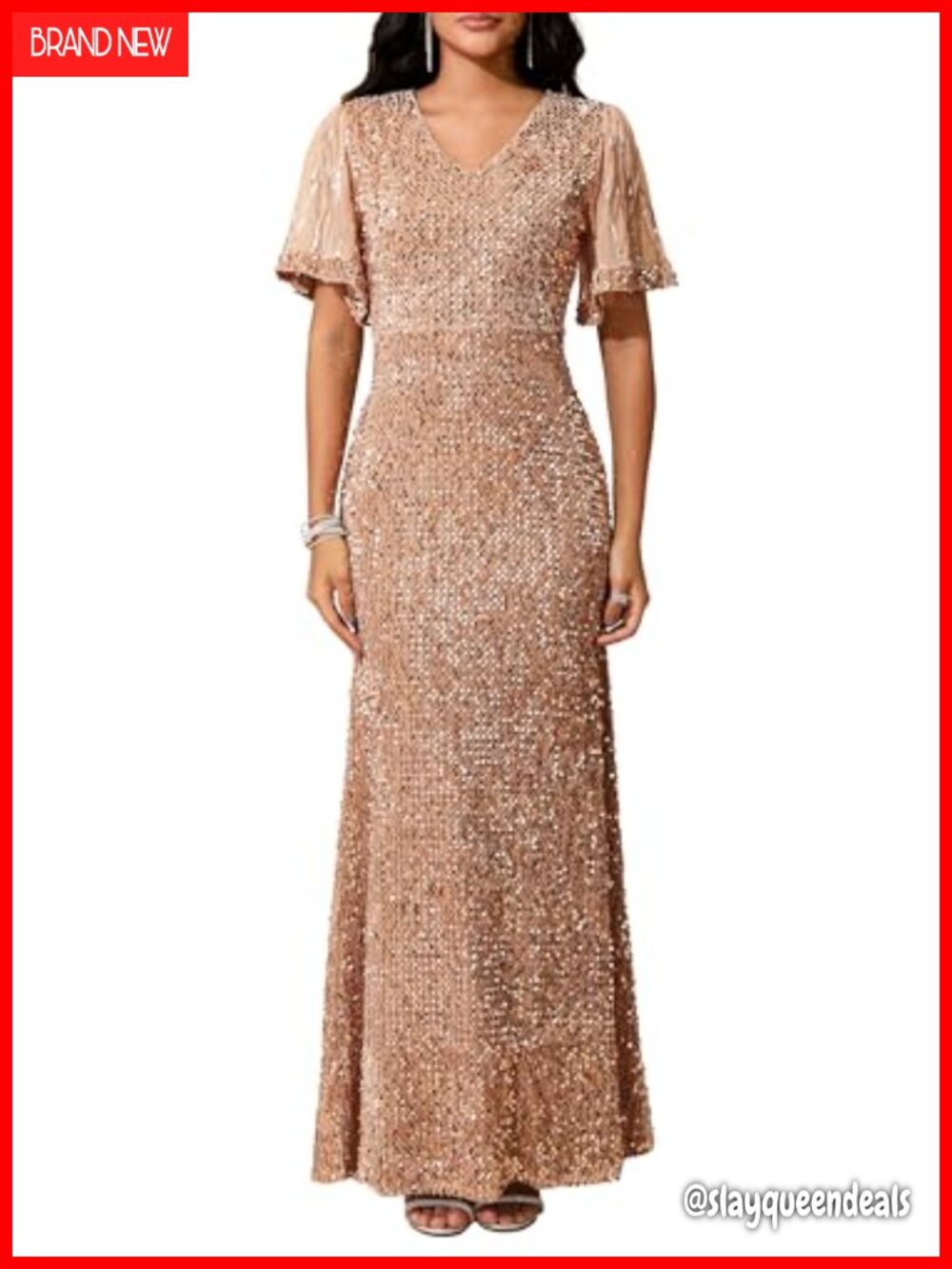 Sparkly Mesh Sleeve Formal Evening Mermaid Sequin Maxi Dress
